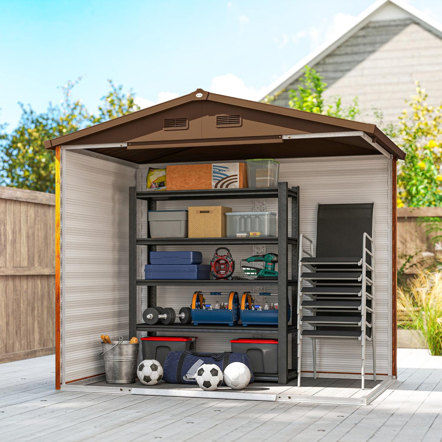 Metal tool shed with gable roof, wood look, 3 m²
