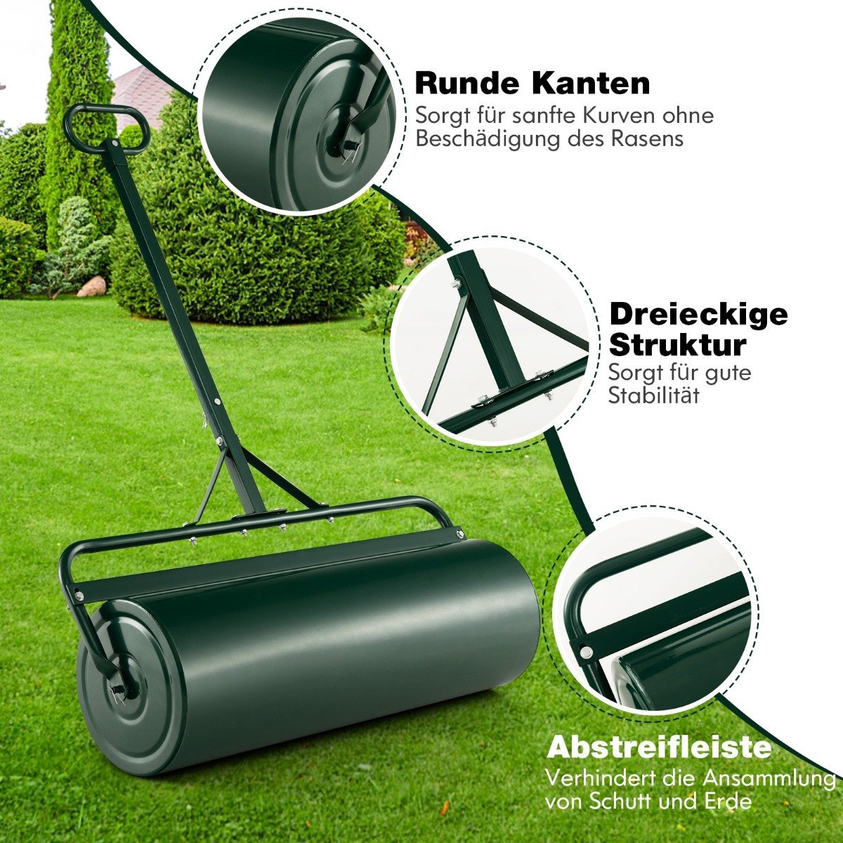 Metal lawn roller, grass roller for pushing or pulling, 99 x 30 x 137 cm, green
