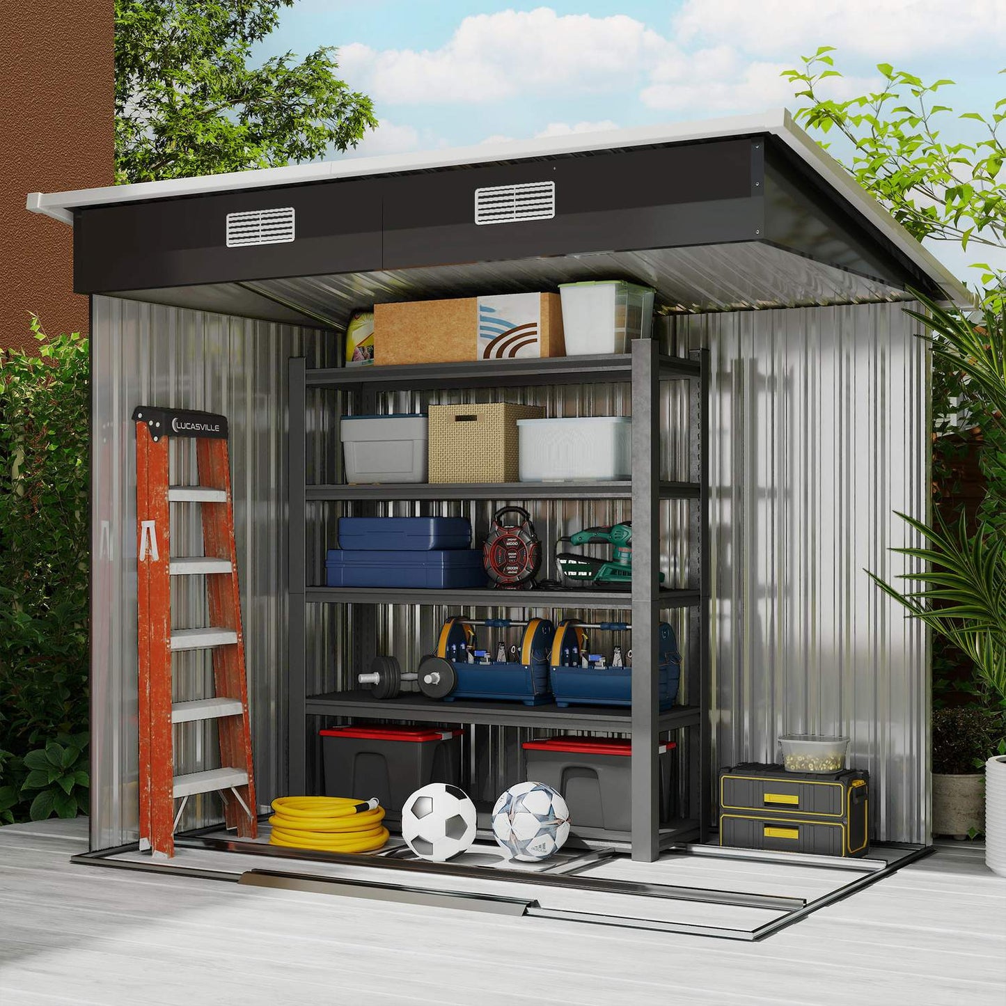 Metal tool shed 2.3 m² 207 x 130 x 182 cm with pent roof window floor frame black