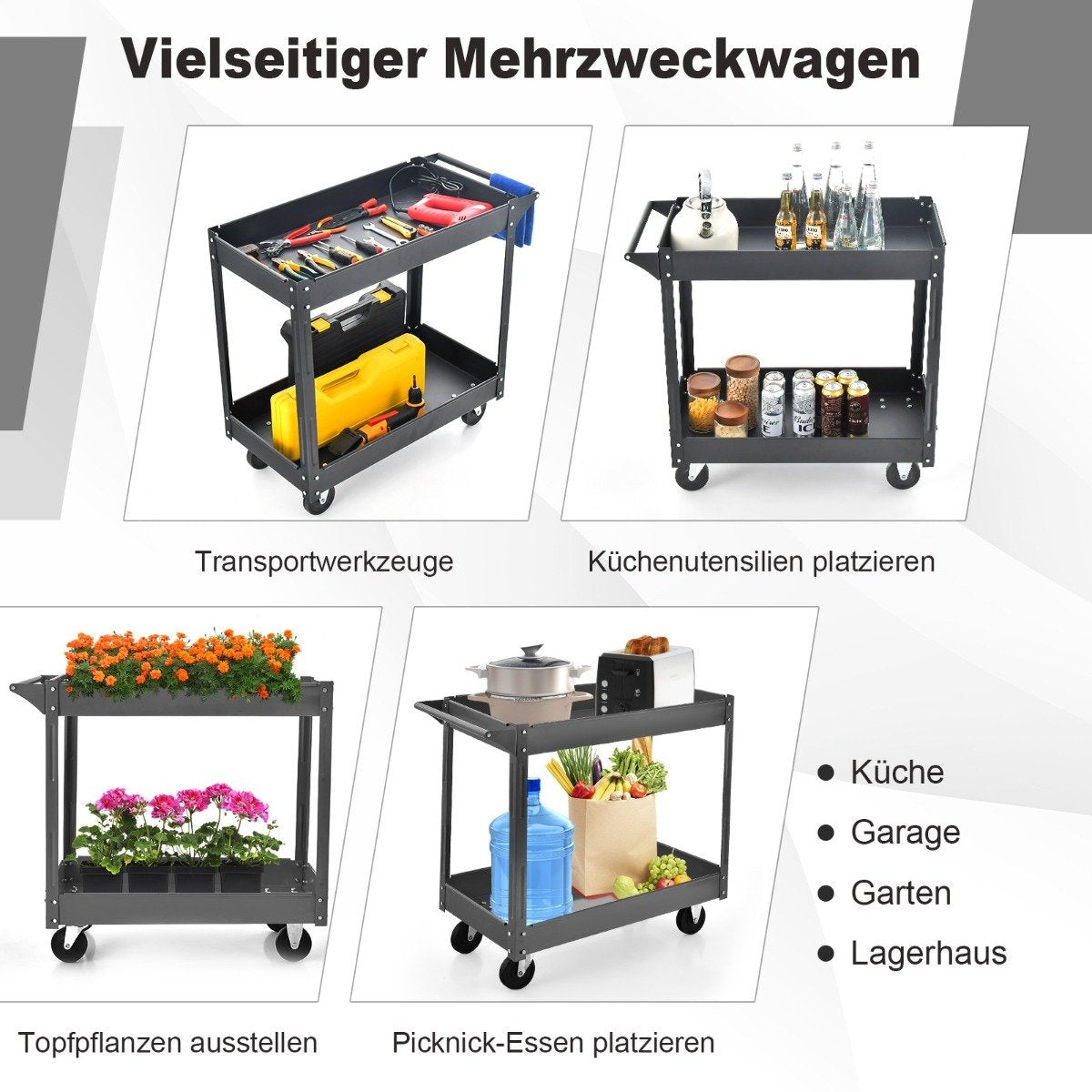 Metal workshop trolley with 2 levels and handle, multi-purpose trolley, black