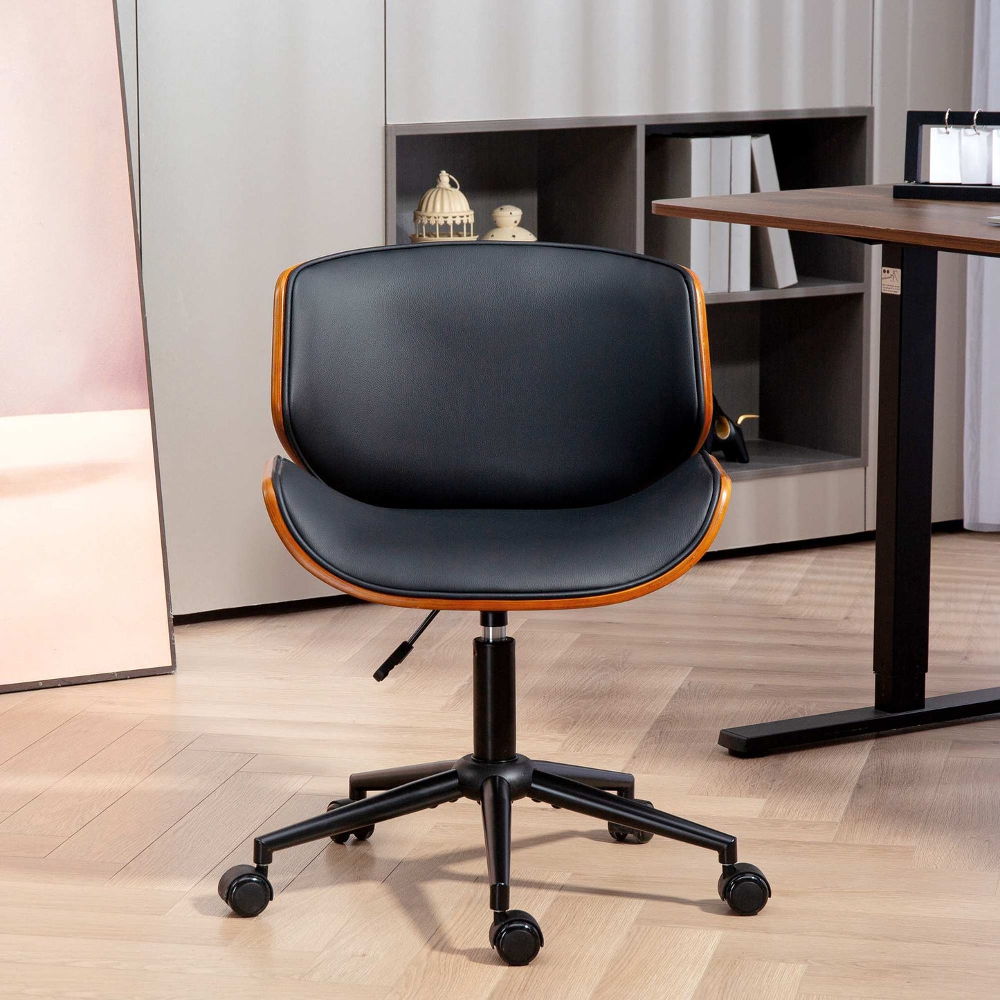 Mid-Century Modern Faux Leather Office Chair, Ergonomic, Black