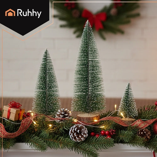 Mini Christmas Trees Set of 3, Snow-Covered, Wood Base