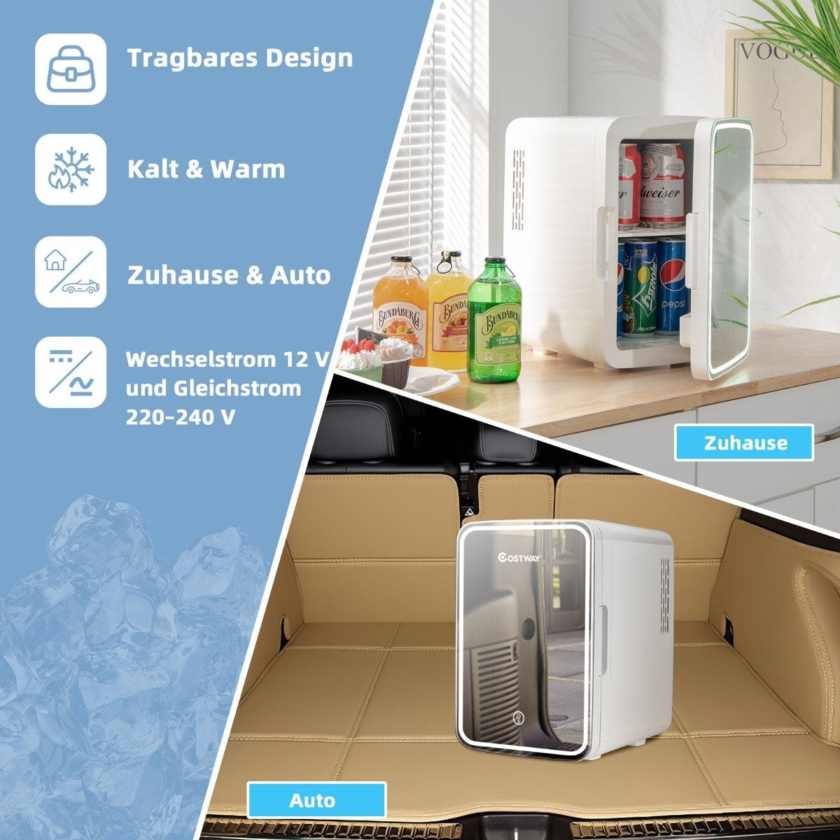 Mini Fridge 10 L Portable Fridge with LED Mirror 23 x 28 x 34 cm White