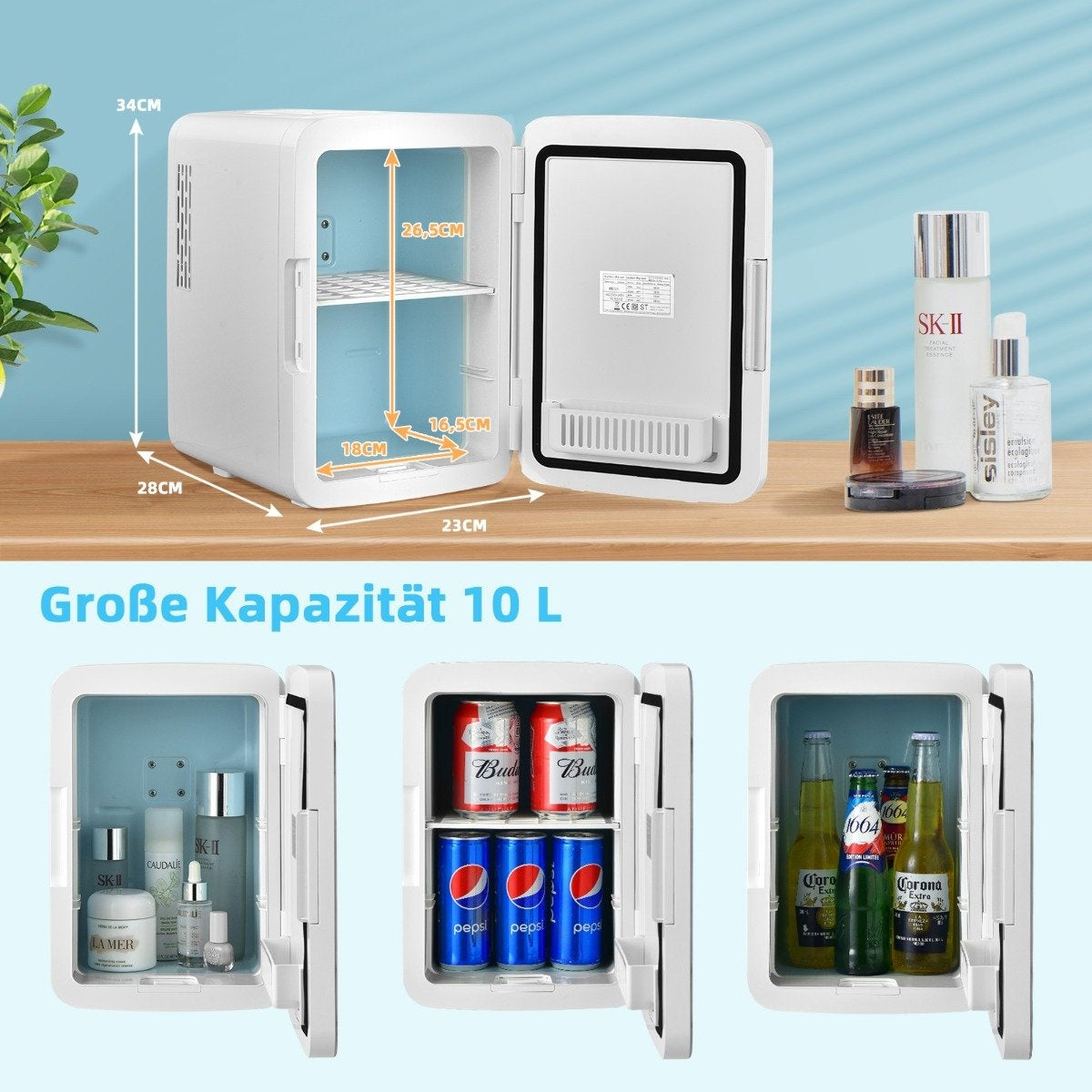 Mini Fridge 10 L Portable Fridge with LED Mirror 23 x 28 x 34 cm White
