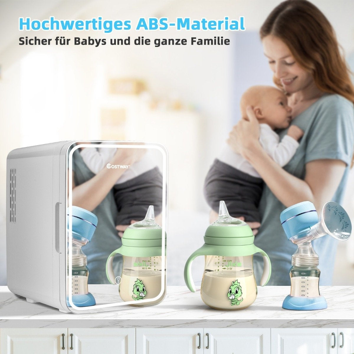 Mini Fridge 10 L Portable Fridge with LED Mirror 23 x 28 x 34 cm White
