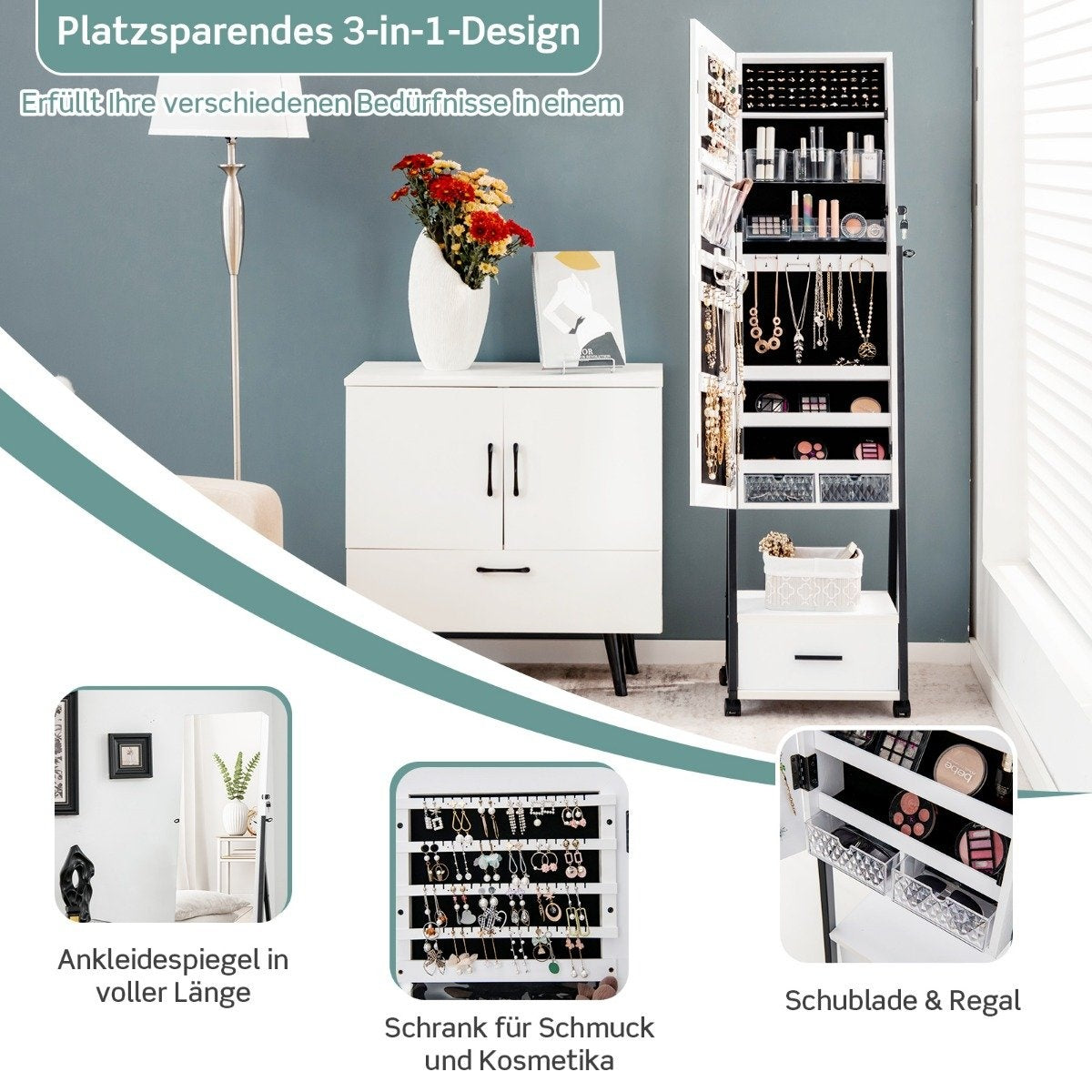 Mirror cabinet jewelry and makeup organizer with full-length mirror 42 x 38 x 157 cm white