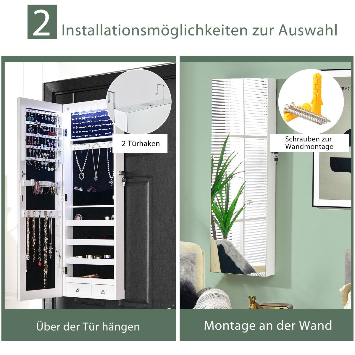 Mirrored Jewelry Cabinet Lockable Wall/Door Mounted 36 x 10 x 108 cm White