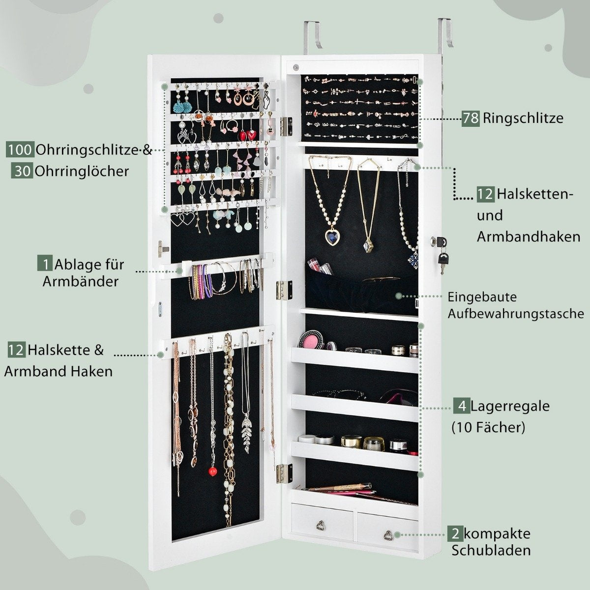 Mirrored Jewelry Cabinet Lockable Wall/Door Mounted 36 x 10 x 108 cm White