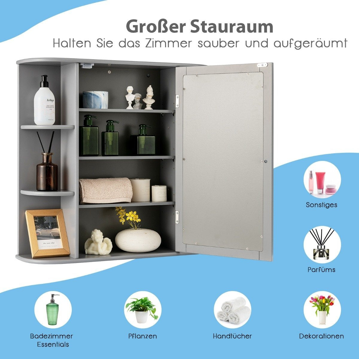 Mirrored bathroom cabinet wooden wall cabinet for bathroom 66 x 16.7 x 63 cm gray