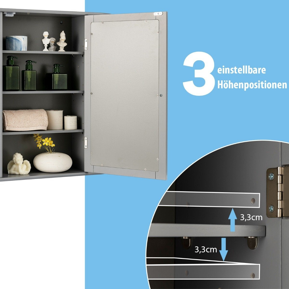 Mirrored bathroom cabinet wooden wall cabinet for bathroom 66 x 16.7 x 63 cm gray