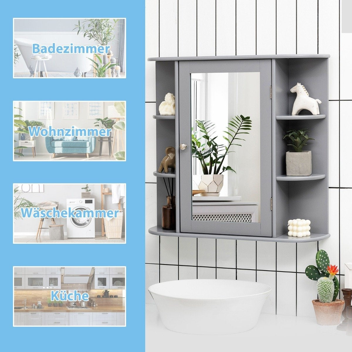 Mirrored bathroom cabinet wooden wall cabinet for bathroom 66 x 16.7 x 63 cm gray