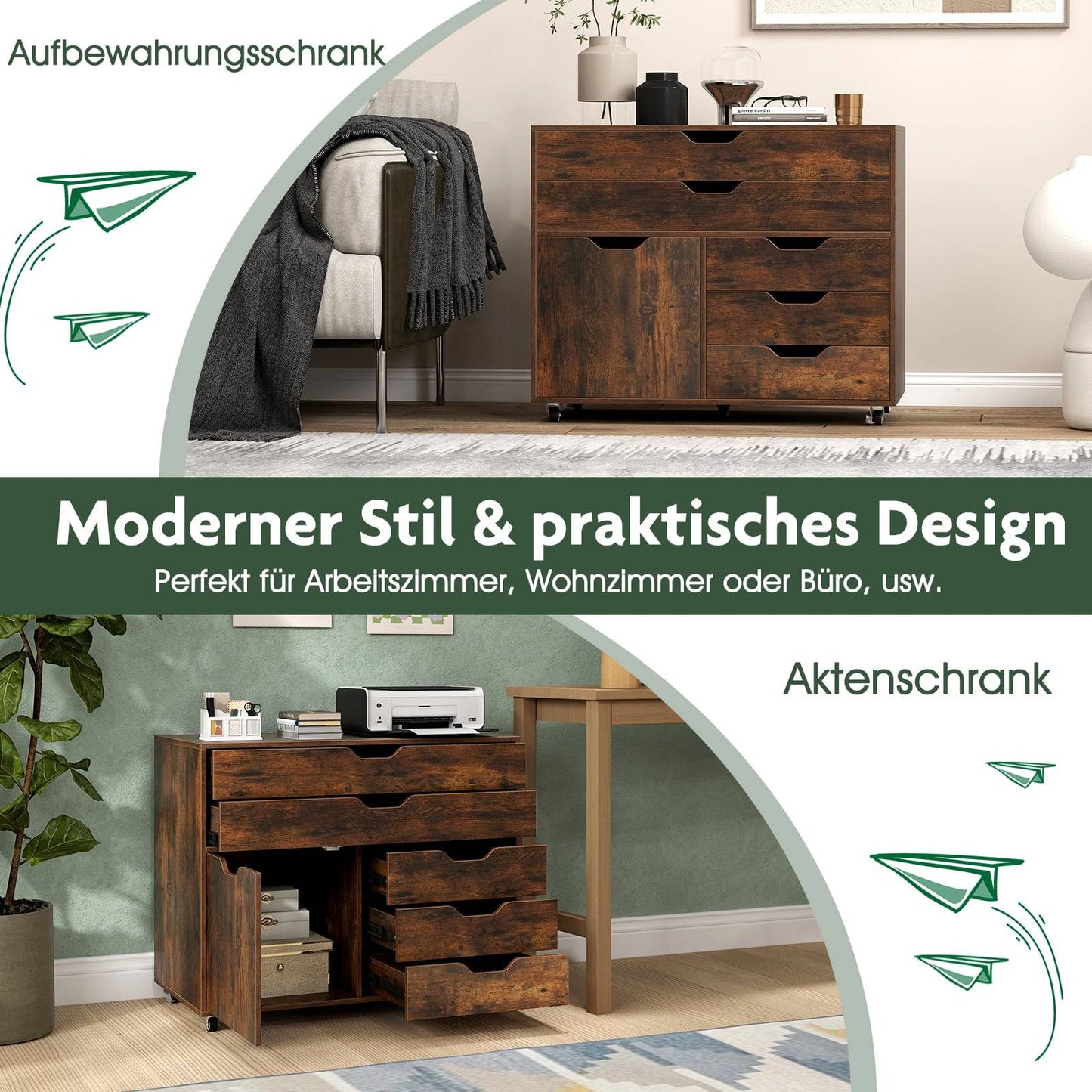 Mobile File Cabinet with 5 Drawers and Cabinet – Brown