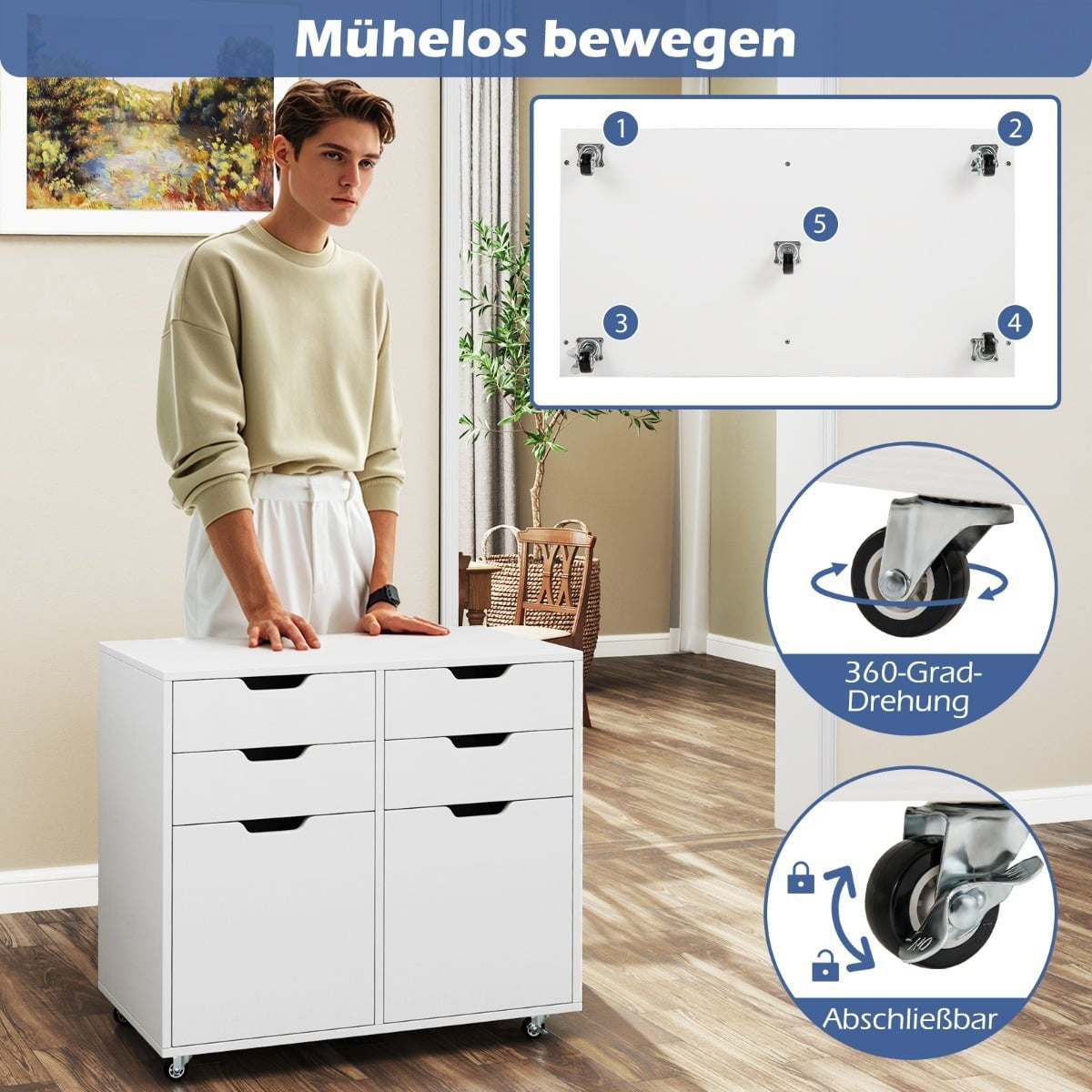 Mobile Storage Cabinet with 4 Drawers and 2 Doors, White