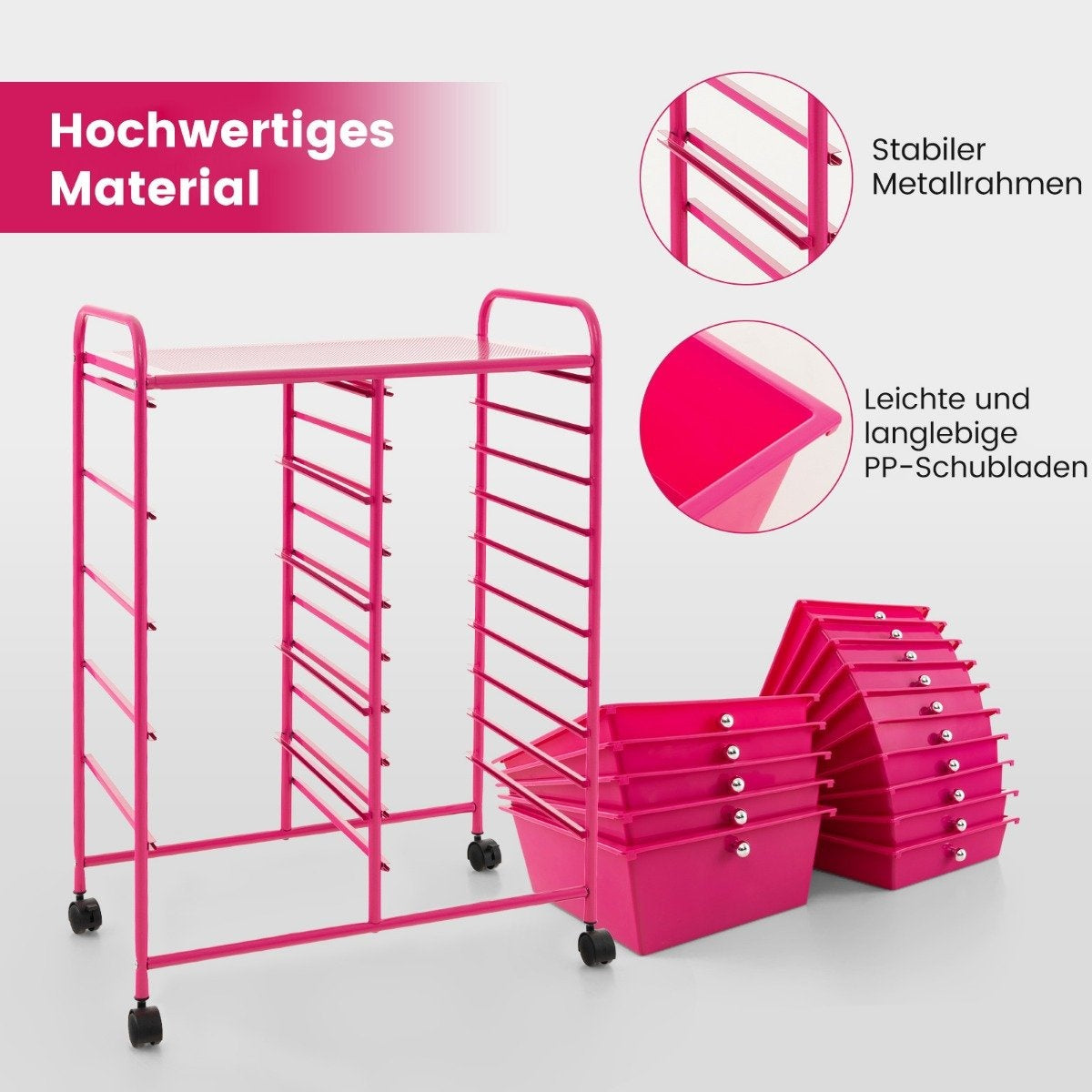 Mobile Storage Cart with 15 Stackable Drawers, Pink