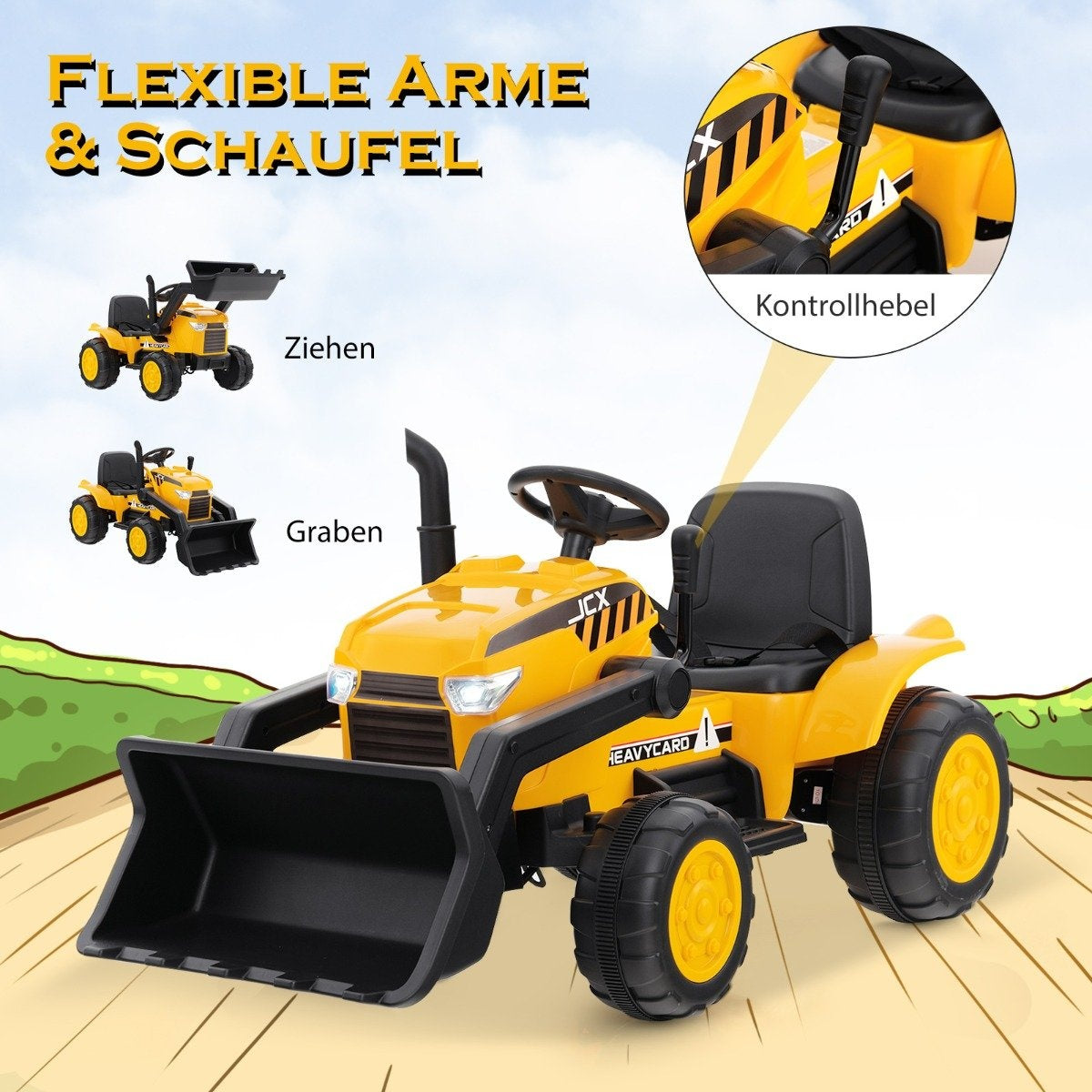 Mobile children's excavator with adjustable digging shovel for children aged 3 to 8 years. Yellow