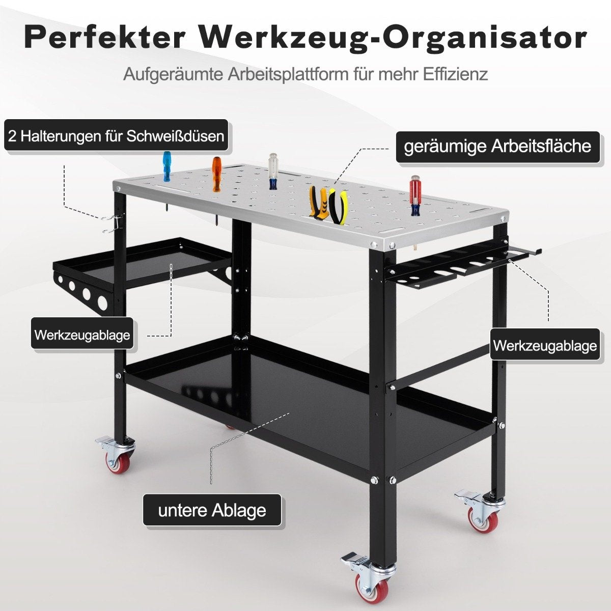 Mobile welding table with φ 1.6cm holes & tool stand & 8 tool slots