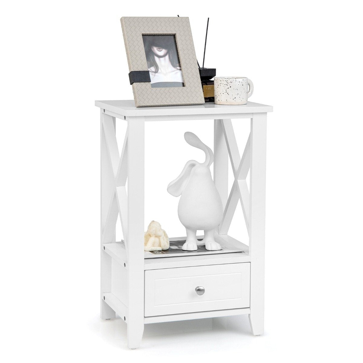 Modern 2-tier bedside table in X design with drawer 40 x 30 x 61.5 cm white