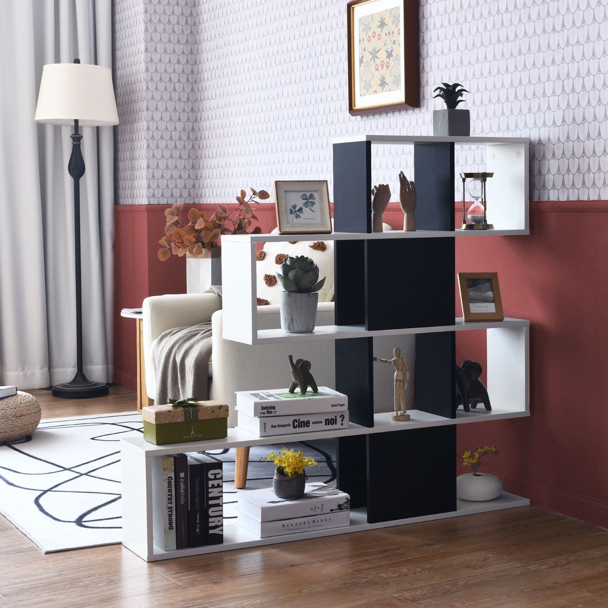 Modern 5 Tier Ladder Style Wooden Room Divider for Books 120 x 19.5 x 109cm Black & White