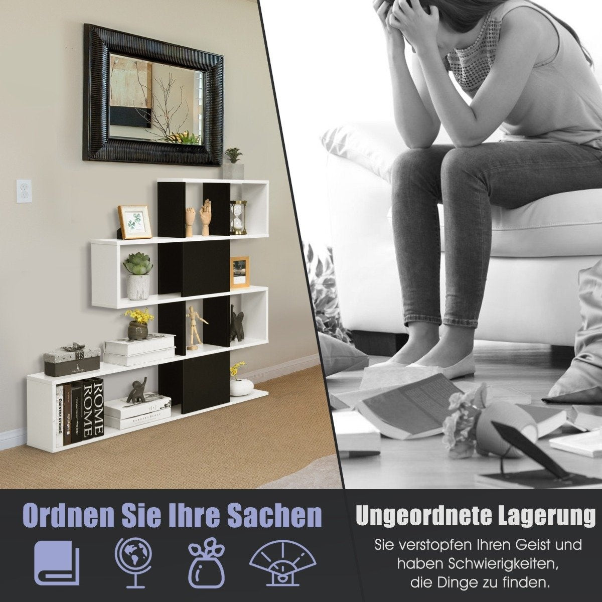 Modern 5 Tier Ladder Style Wooden Room Divider for Books 120 x 19.5 x 109cm Black & White