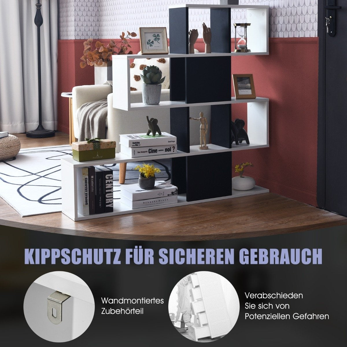 Modern 5 Tier Ladder Style Wooden Room Divider for Books 120 x 19.5 x 109cm Black & White