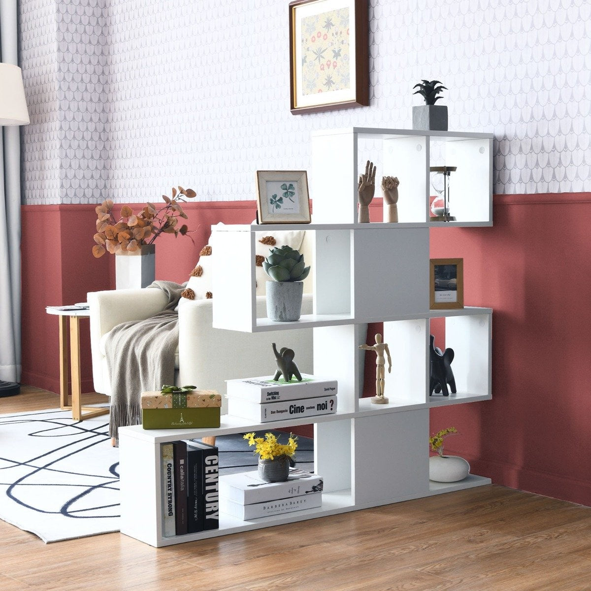 Modern 5 Tier Ladder Style Wooden Room Divider for Books 120 x 19.5 x 109 cm White