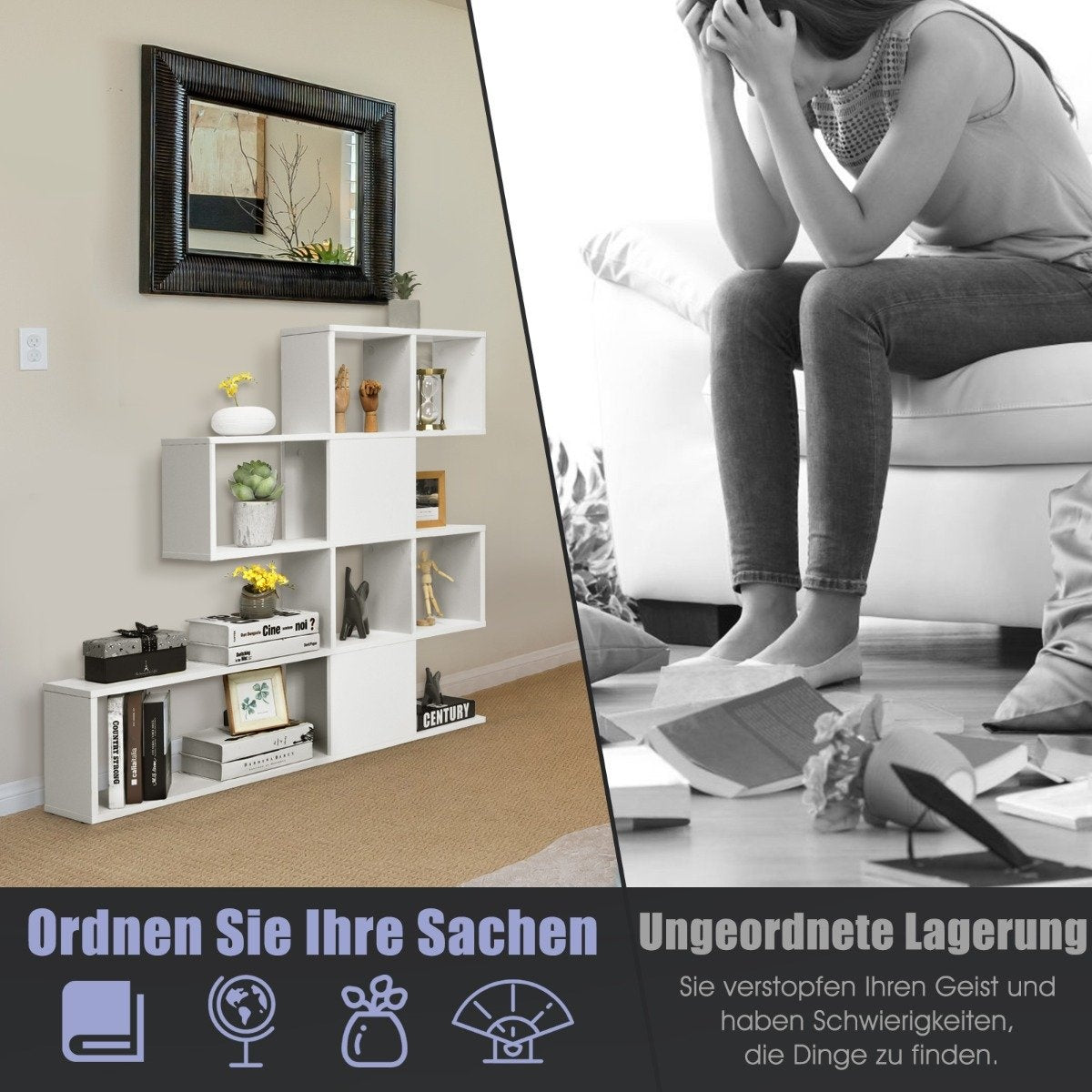 Modern 5 Tier Ladder Style Wooden Room Divider for Books 120 x 19.5 x 109 cm White