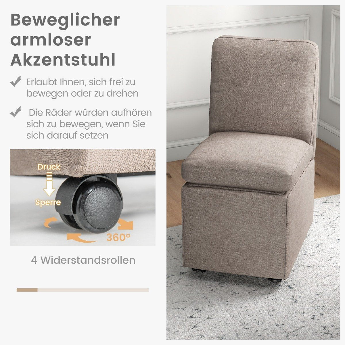 Modern Armless Accent Chair with Resistance Casters & Removable Thickened Cushion Leisure Chair 48 x 61.5 x 84 cm