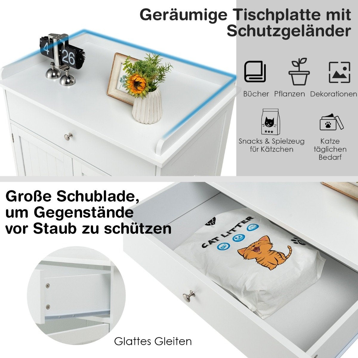 Modern Decorative Cat Litter Tray Side Table with Drawer and 2 Doors for Indoor Use White