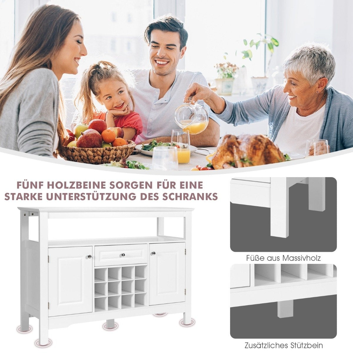 Modern Dining Room Buffet with Cross Shaped Wine Rack Open Shelf 2 Cabinets & Drawer White