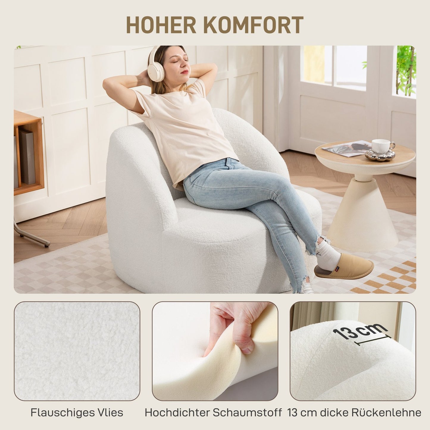 Modern Fleece Armchair – Cozy Cream White for Home