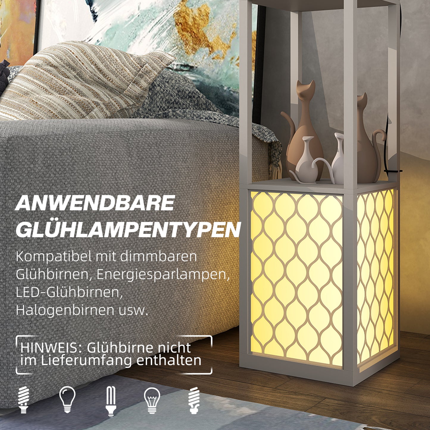 Modern Floor Lamp with Shelves, Pull Chain, Black/White
