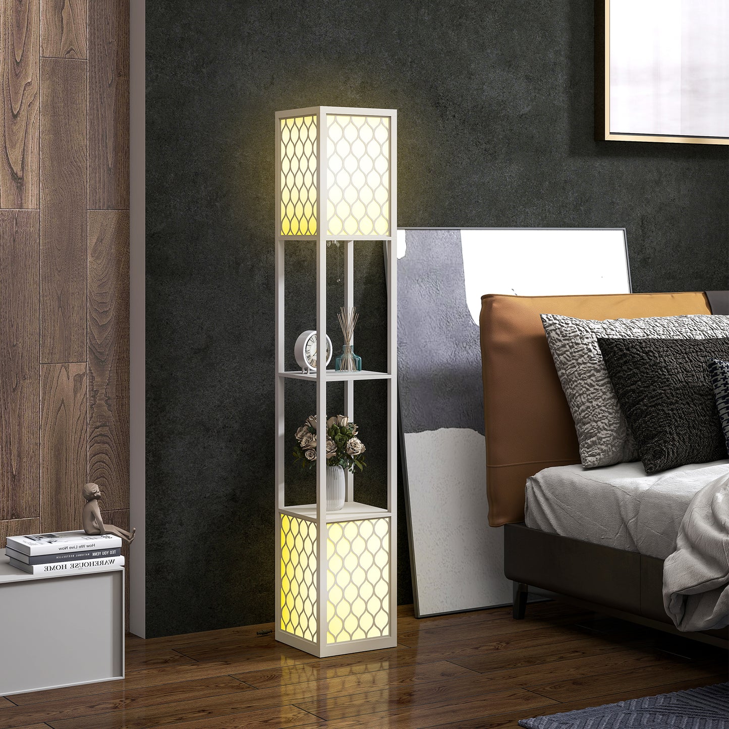 Modern Floor Lamp with Shelves, Pull Chain, Black/White