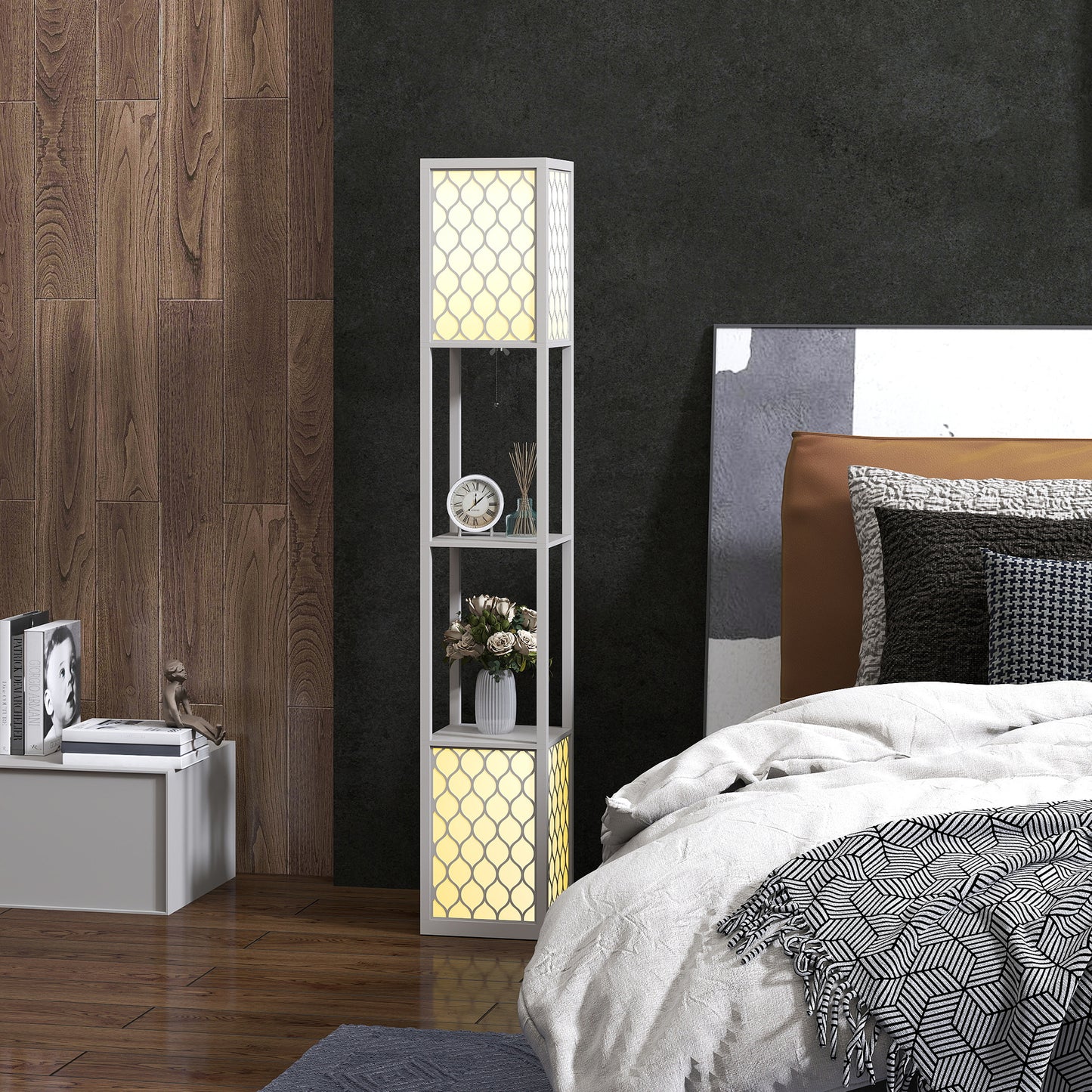 Modern Floor Lamp with Shelves, Pull Chain, Black/White