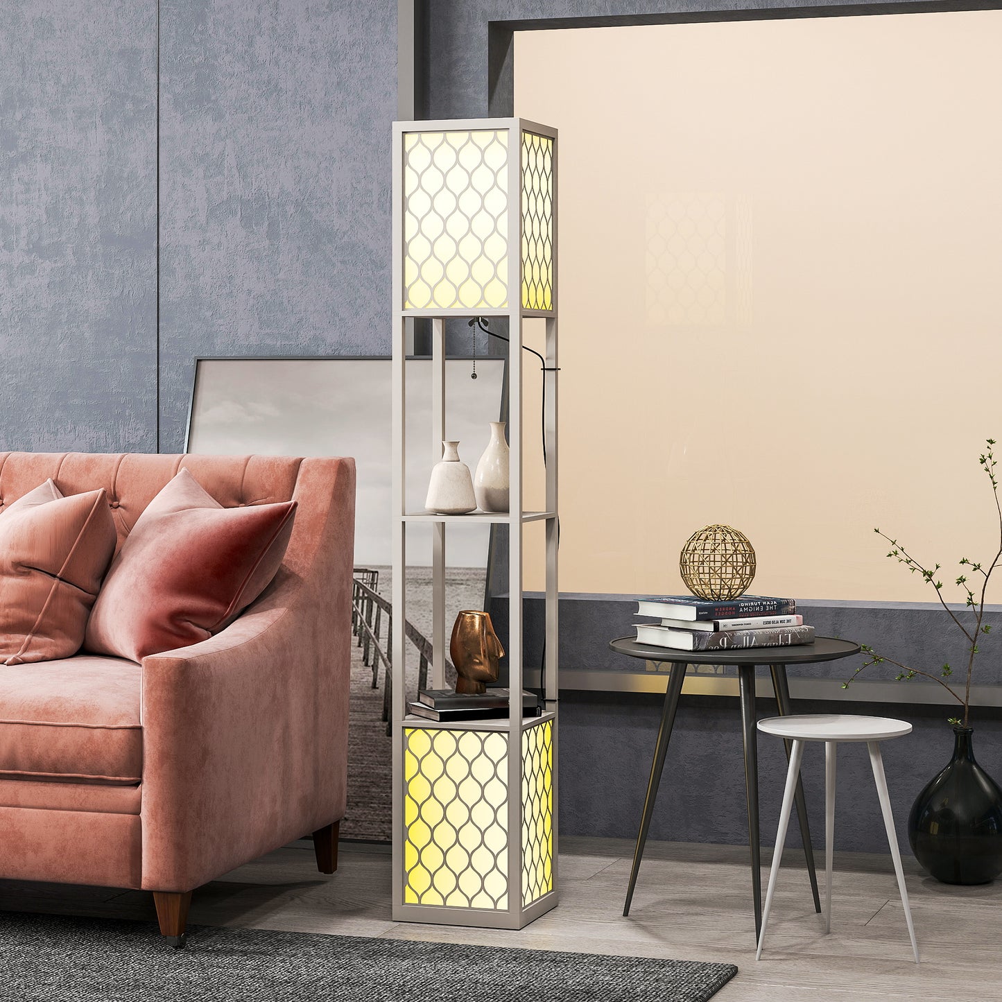 Modern Floor Lamp with Shelves, Pull Chain, Black/White