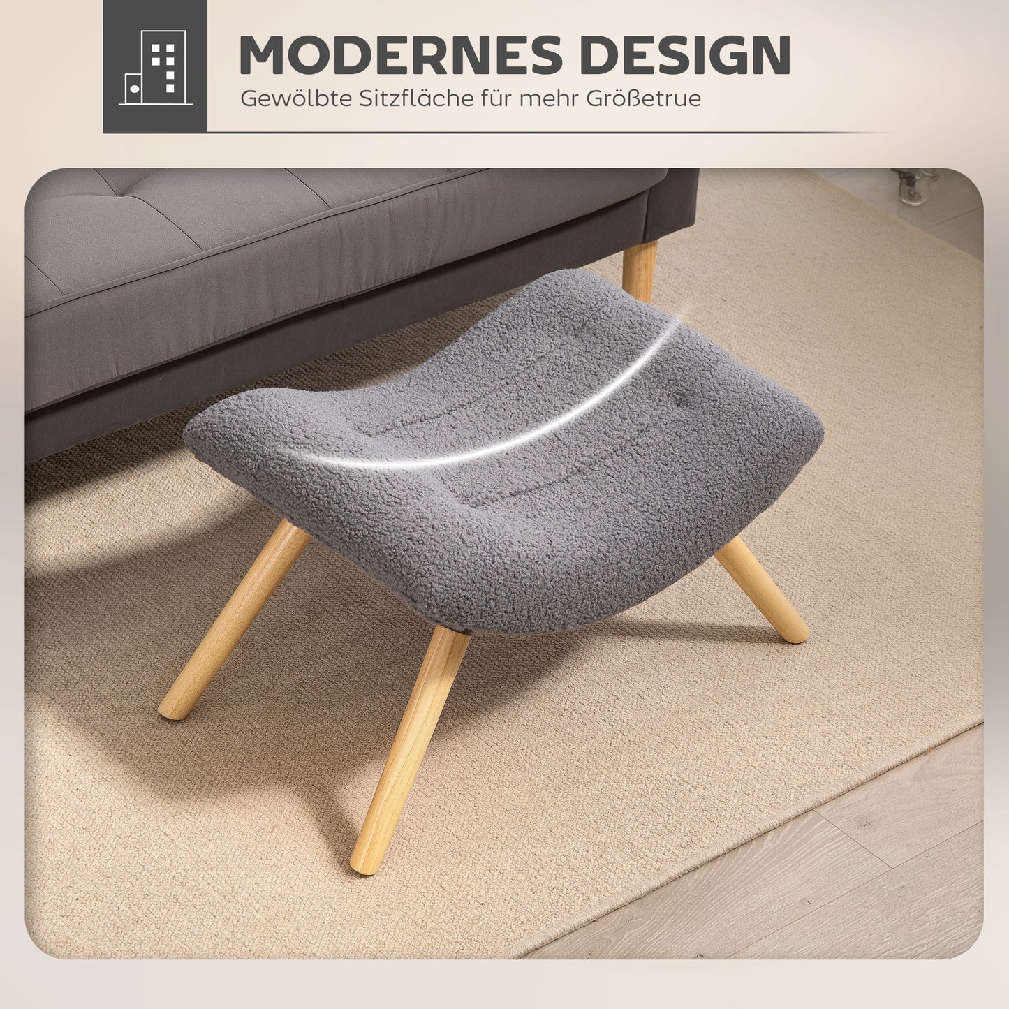 Modern Footstool with Fleece Cover, Wood Legs, Dark Grey