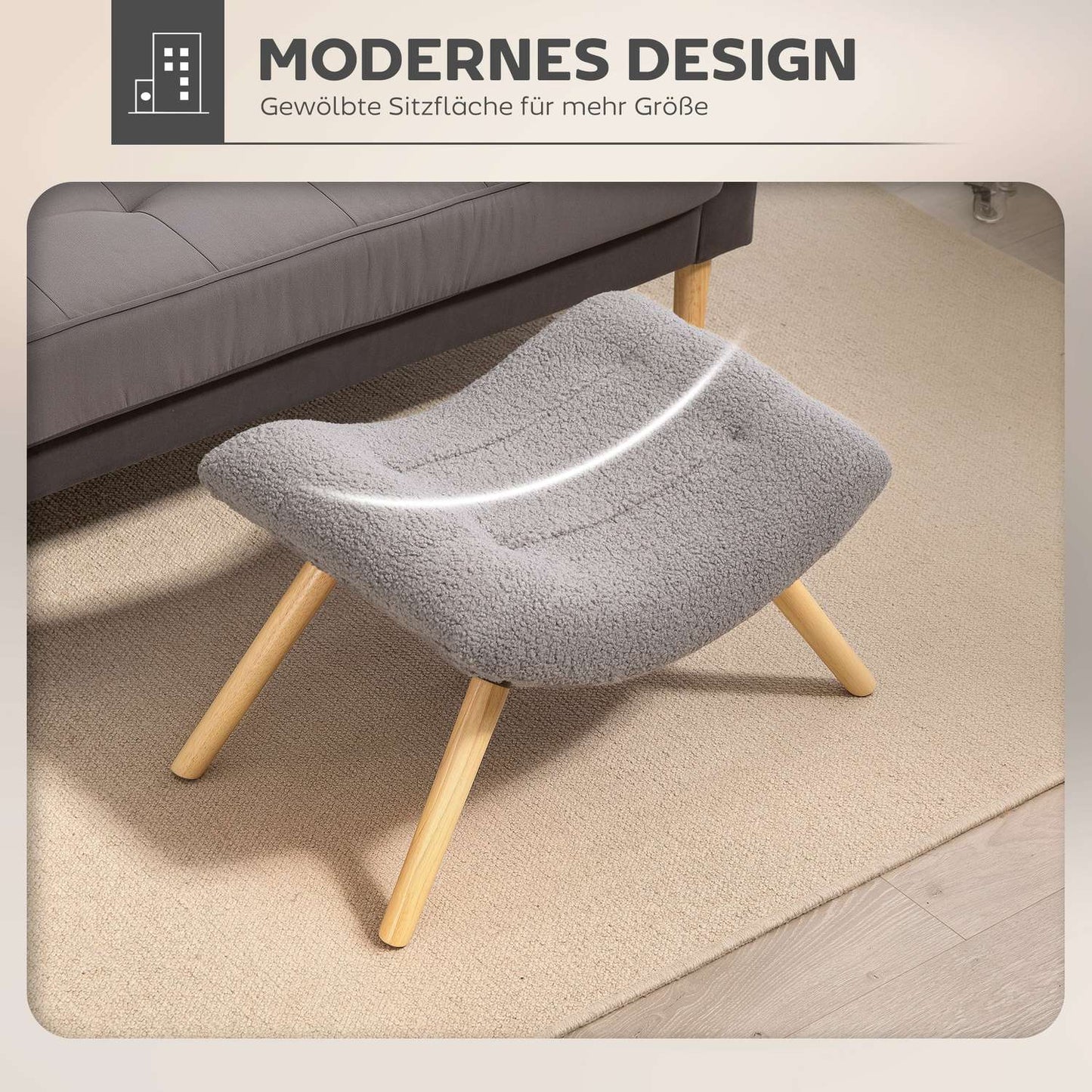 Modern Footstool with Fleece Cover and Wooden Legs, Light Grey