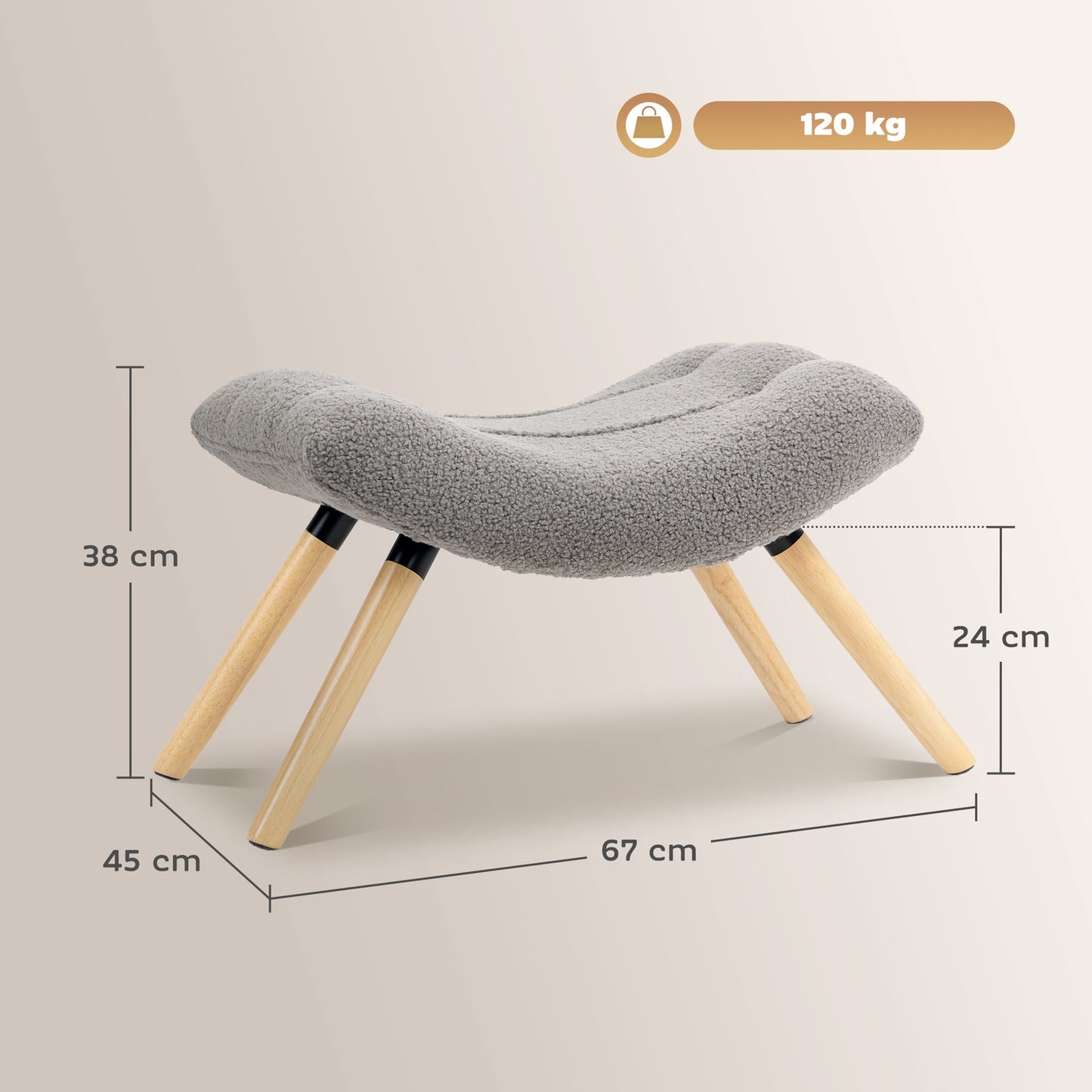 Modern Footstool with Fleece Cover and Wooden Legs, Light Grey