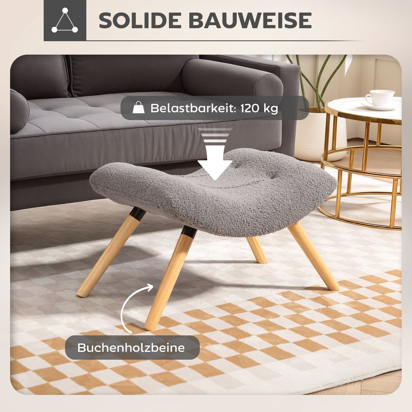 Modern Footstool with Fleece Cover and Wooden Legs, Light Grey