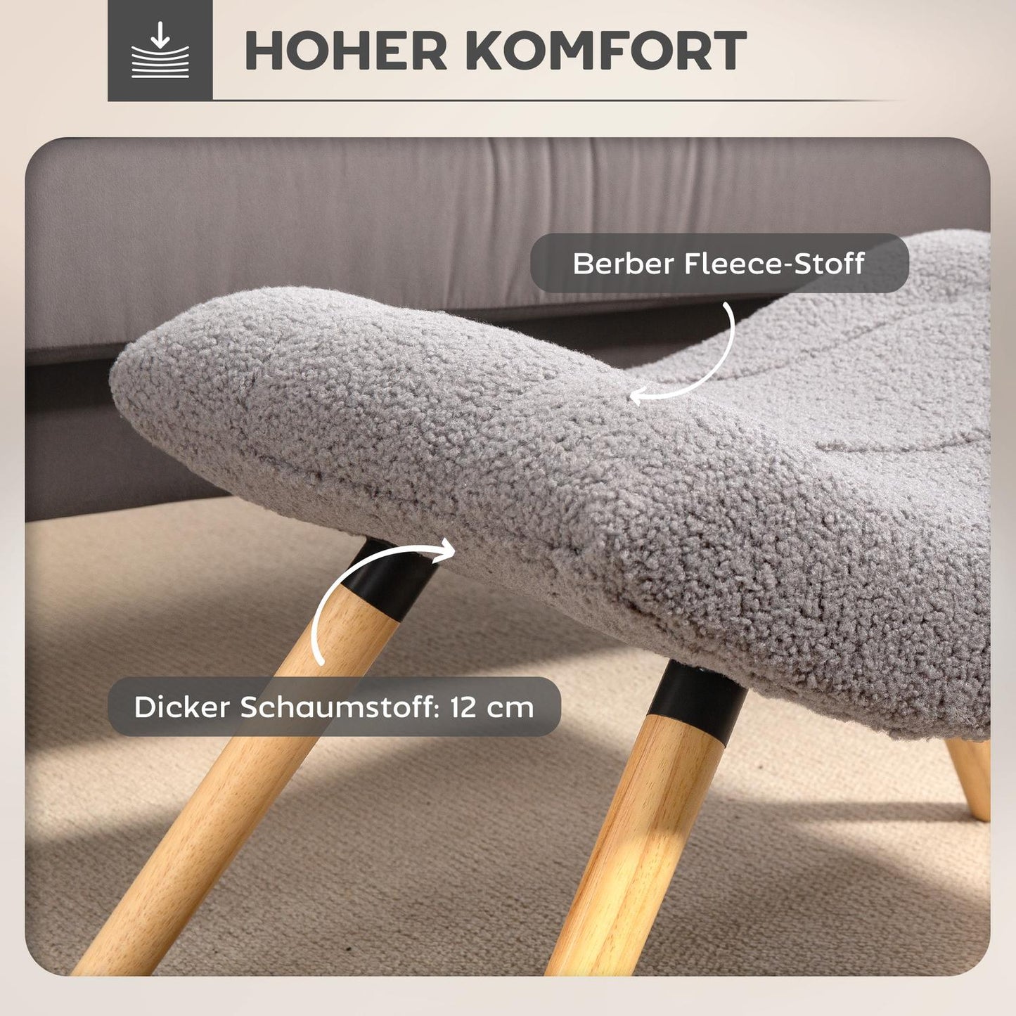 Modern Footstool with Fleece Cover and Wooden Legs, Light Grey