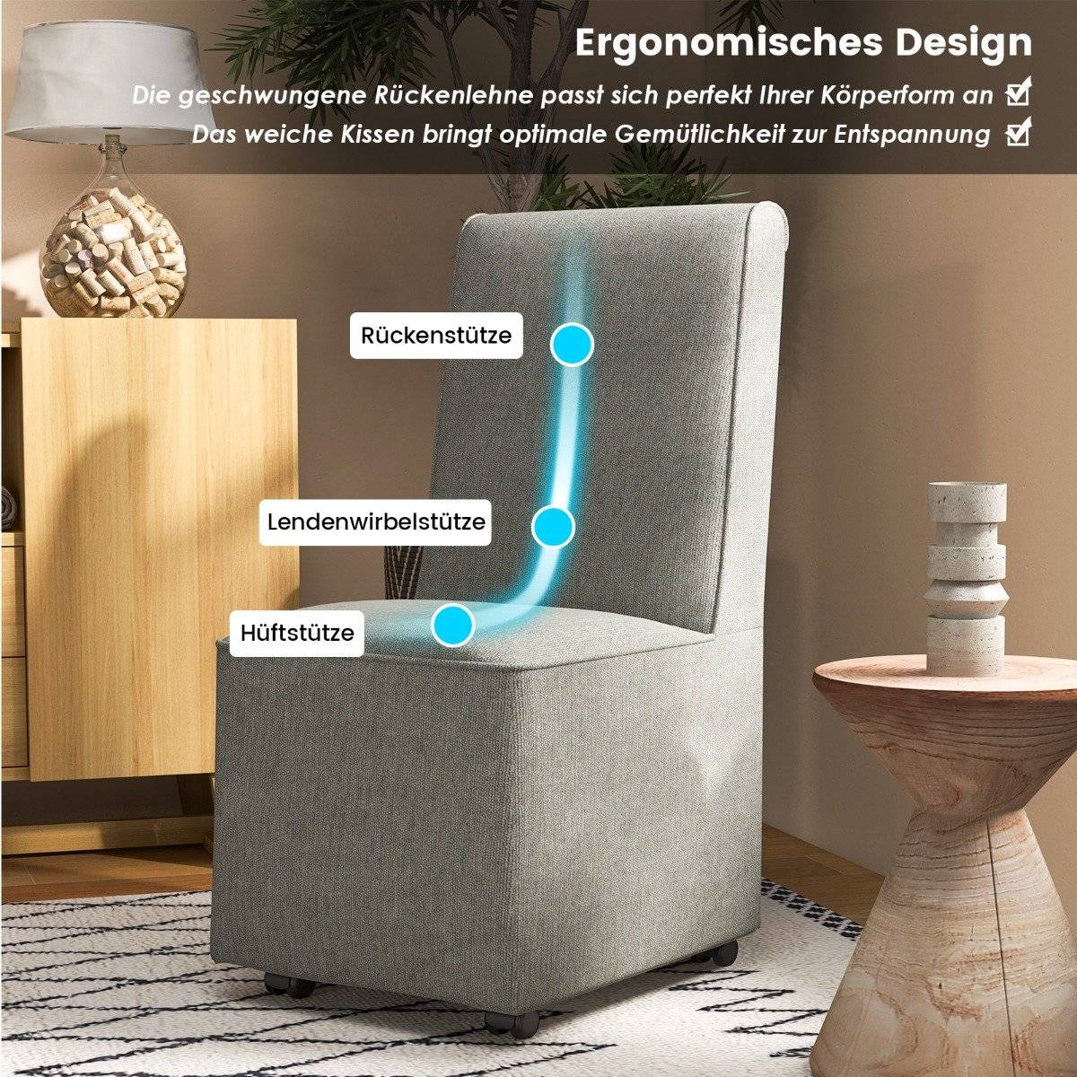 Modern armless accent chair with resistance casters & removable cover comfortable reading chair 47 x 60.5 x 98 cm