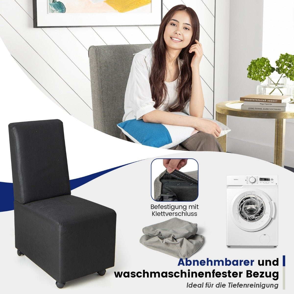 Modern armless accent chair with resistance casters & removable cover comfortable reading chair 47 x 60.5 x 98 cm