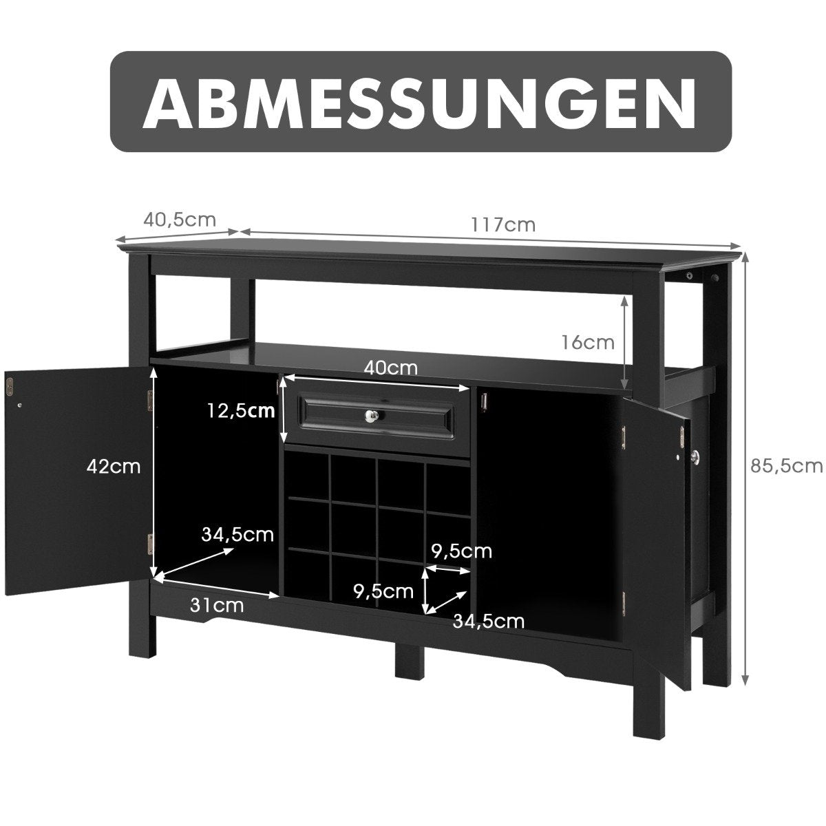 Modern dining room buffet with wine rack and cabinets & drawer 117 x 40.5 x 82.5 cm black