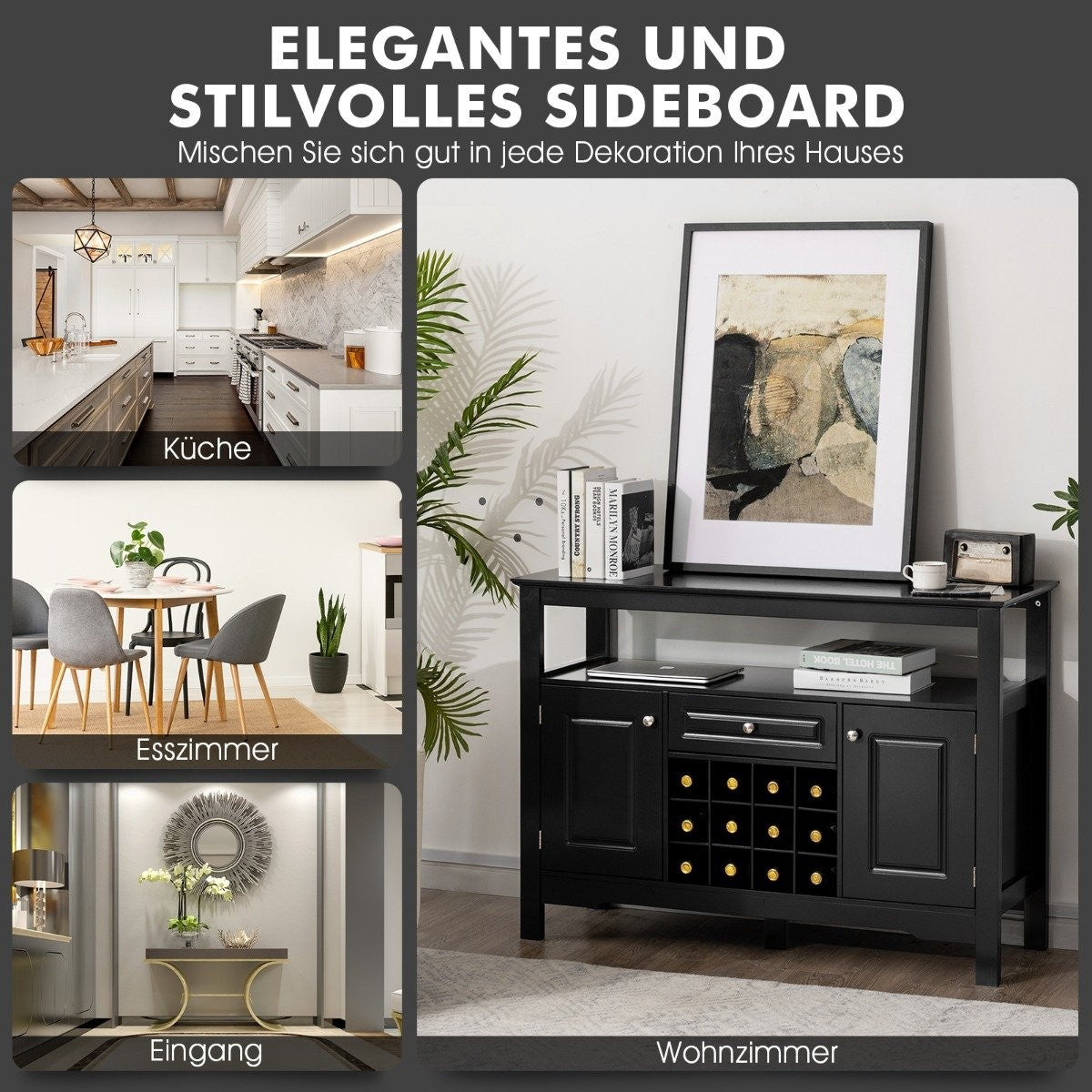 Modern dining room buffet with wine rack and cabinets & drawer 117 x 40.5 x 82.5 cm black