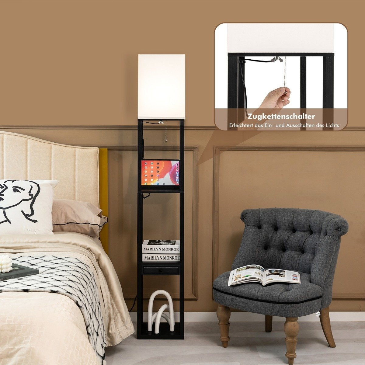 Modern shelf floor lamp Dimmable floor lamp with drawer 26 x 26 x 159.5 cm