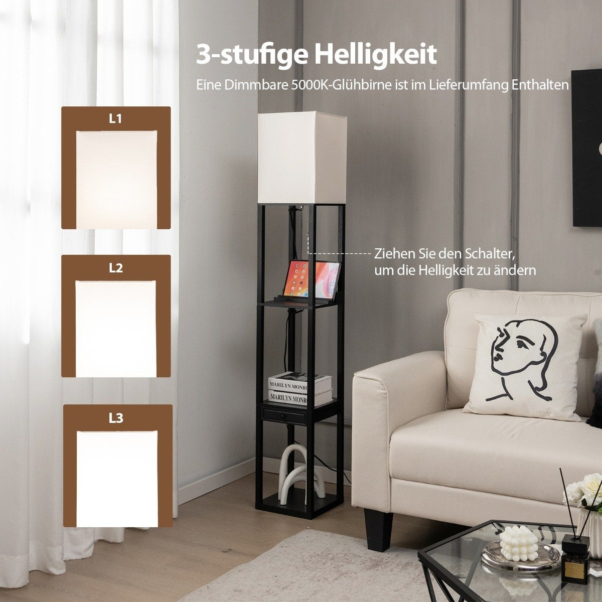 Modern shelf floor lamp Dimmable floor lamp with drawer 26 x 26 x 159.5 cm