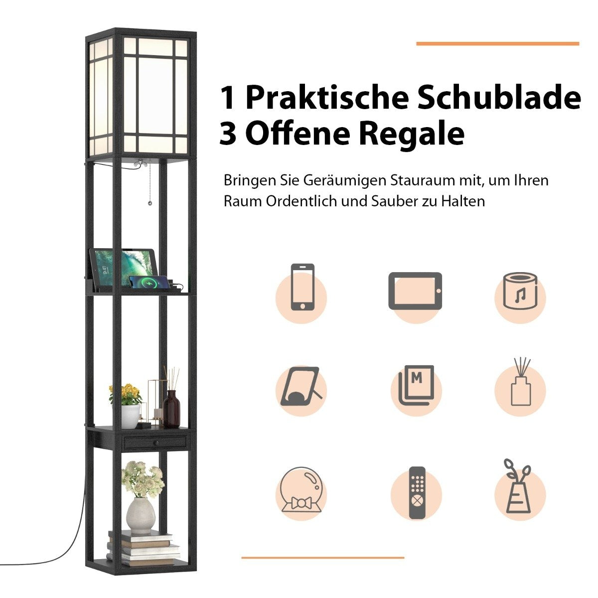 Modern shelf floor lamp for living room and bedroom 26 x 26 x 160.5 cm black