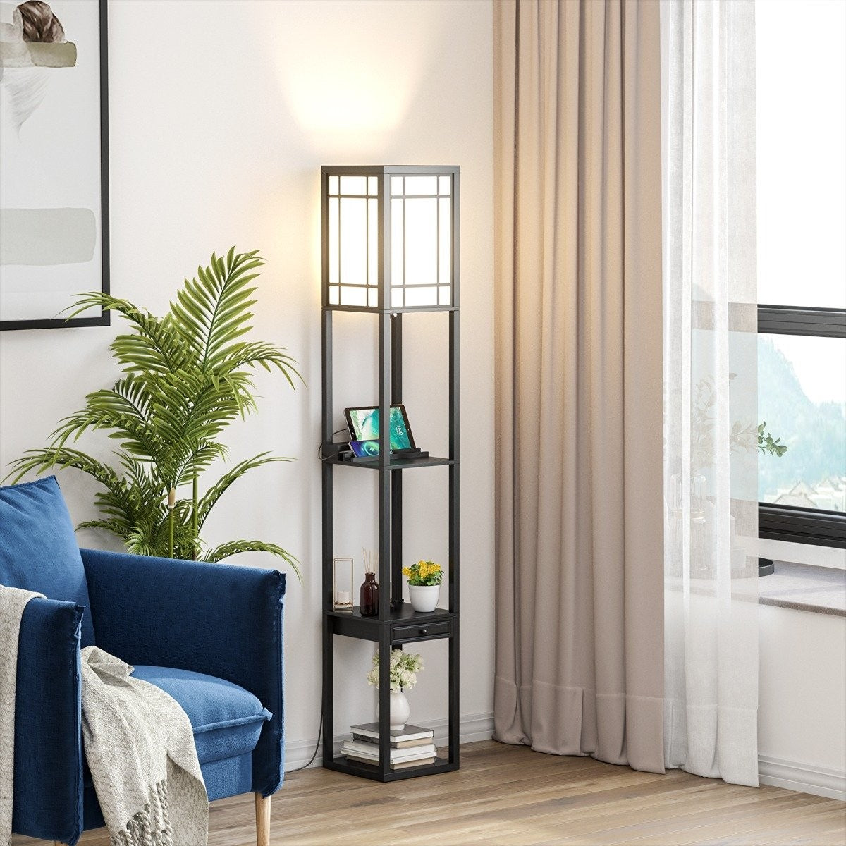 Modern shelf floor lamp for living room and bedroom 26 x 26 x 160.5 cm black