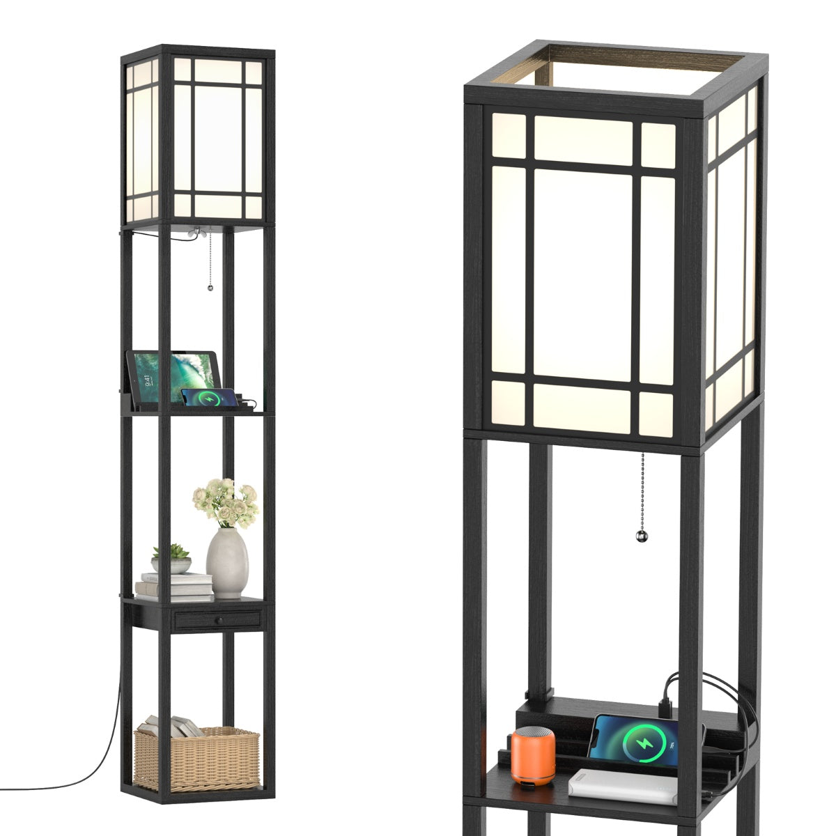 Modern shelf floor lamp for living room and bedroom 26 x 26 x 160.5 cm black