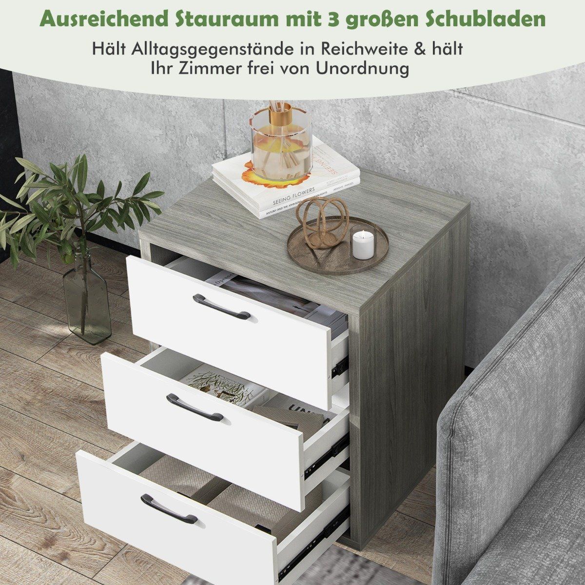 Modern wooden bedside table with 3 pull-out drawers 55 x 47 x 65.5 cm gray + white