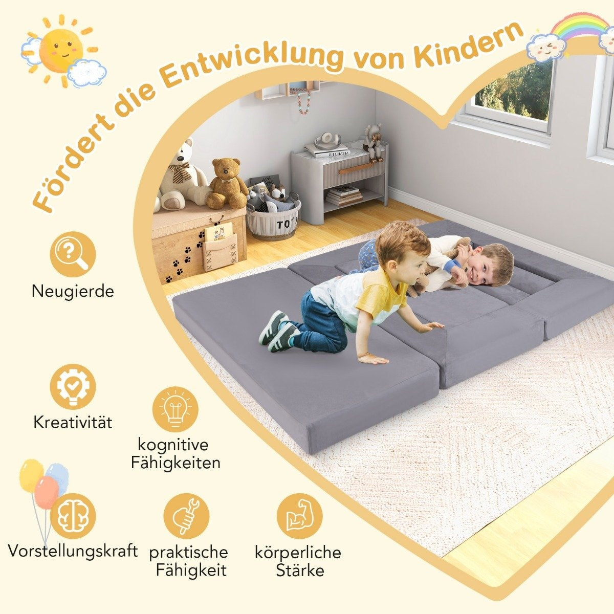 Modular children's sofa 9-piece play sofa made of foam building blocks with comfortable suede fabric gray